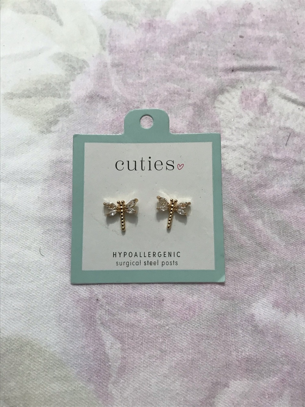 Cuties Hypoallergenic Gold Tone White Rhinestone Dragonfly Small Stud Earrings